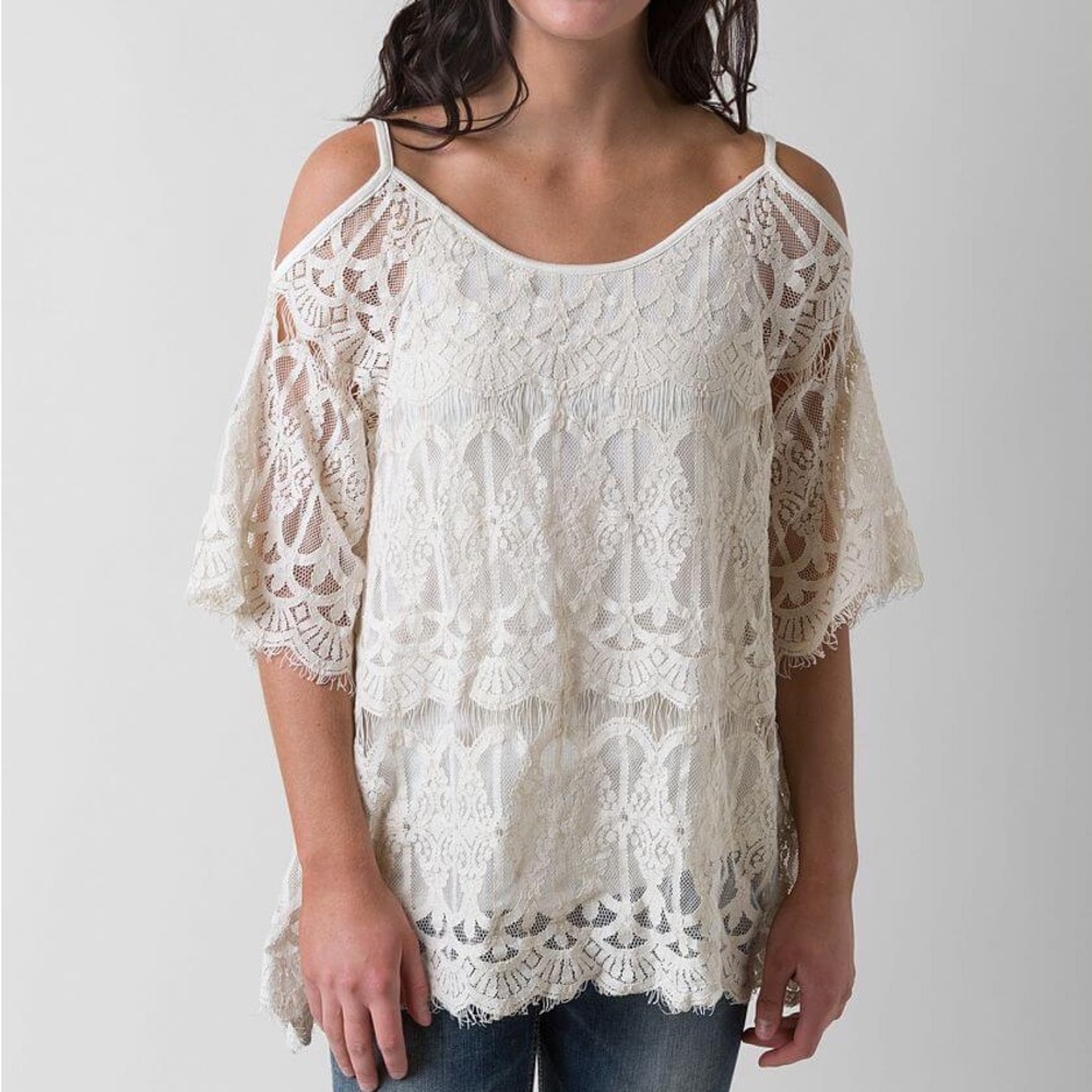 New BKE Boutique Cold Shoulder Natural Lined Lace Top Tunic Blouse Medium